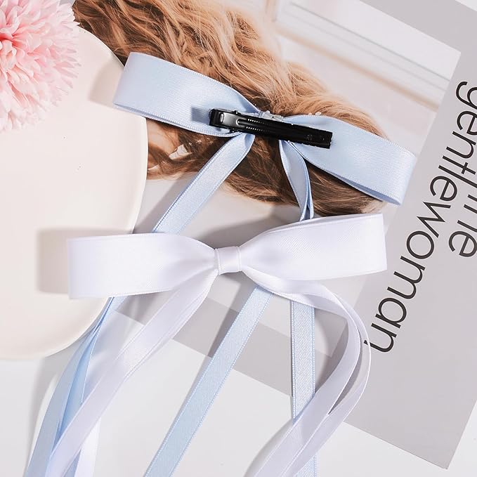 4 PCS Tassel Ribbon Bowknot Hair Clips With Long Tail for Women Girl Teens Kids, Solid Holder Fashion Bow Bowknot Hair Accessories Headwear Barrettes Claw(Blue&White)