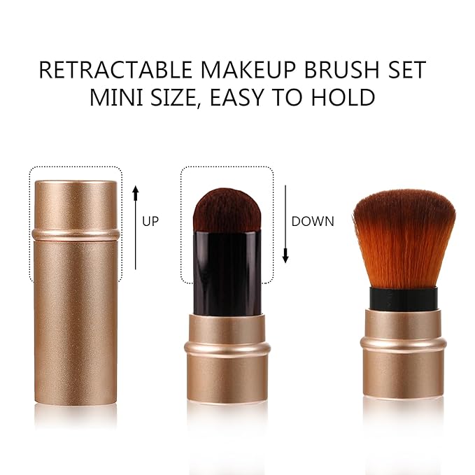 Vtrem 3 Colors Retractable Makeup Brush Travel Blush Brushes Kabuki Foundation Brush Portable Face Powder Brush Mini Makeup Brush Set with Cover, Red/Black/Brown