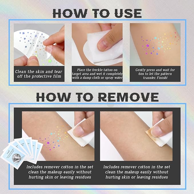 24pcs Face Glitter Freckles Tattoo, Holographic Chameleon Body Glitter Faux Freckle Stickers for Women Girls, Sparkle Star Speckles Makeup Patches Concert Festival Rave Cosplay Accessories