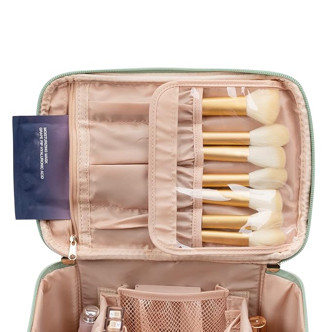 OCHEAL Makeup Bag, Portable Cosmetic Bag, Large Capacity Travel Case Organizer, Black Makeup Bags For Women Toiletry Bag for Girls Traveling With Handle and Divider-Light Green Large