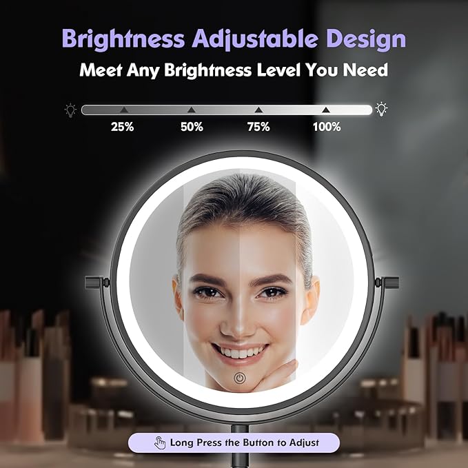 Rechargeable Wall Mounted Makeup Mirror - 8 Inch Double Sided 1X/10X Magnifying Mirror with 3 Color Lights Dimmable Touch Screen, 360°Swivel 19.6 Inch Extendable Accordion Bathroom Mirror - Black