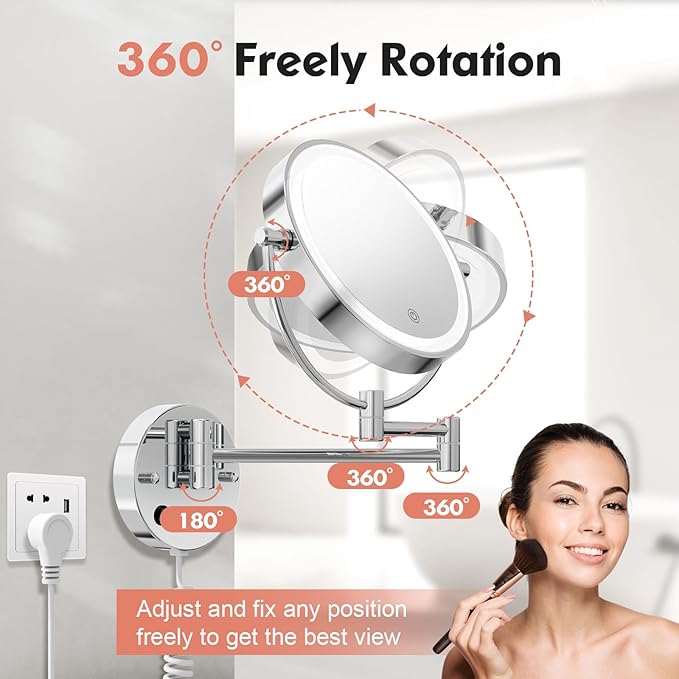 FASCINATE Upgraded Wall Mounted Makeup Mirror with Lights, Super Large Double Sided 1X/10X Magnifying Mirror for Bathroom, 360° Swivel Extendable Plug Touch Sensor Vanity Mirror