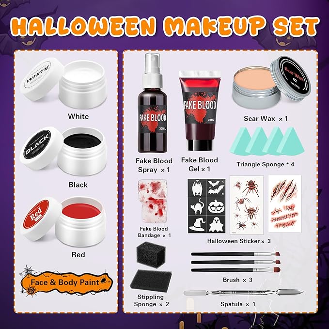 CAHIUYOA Halloween Special Effects SFX Zombie Vampire Makeup Kit,Black White Red Face body Paint with Fake Blood Spray & Gel,Scar Wax,Spatula,Brush Stipple Sponges for Halloween Cosplay Party(20PCS)