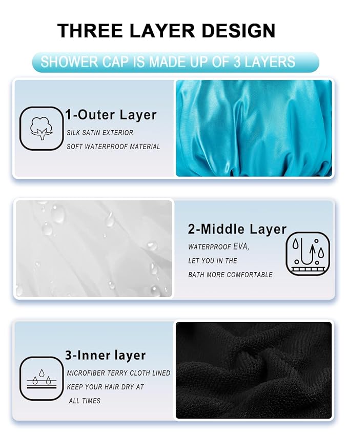 YIZIJIZI Triple Layer Reusable Waterproof Shower Cap for Women Large Terry Lined Hair Cap for Long Thick Hair Travel Bath Care Light Blue