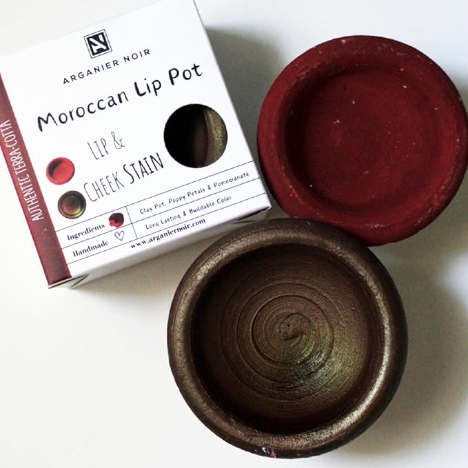 Aker Fassi Set of 2 Moroccan Lip Pot Two Authentic Terracotta Pot Red and Brick Cheek Tint. Moroccan Lipstick.