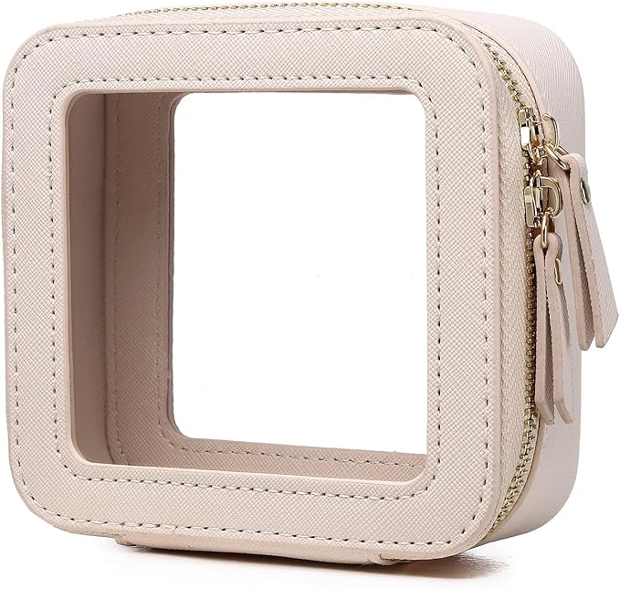 Pinkmik Small Makeup Bag Mini Clear Cosmetic Makeup Case & Toiletry Bag with Zipper Women's Purse Organizer & Car Essentials (Beige, MINI-1)