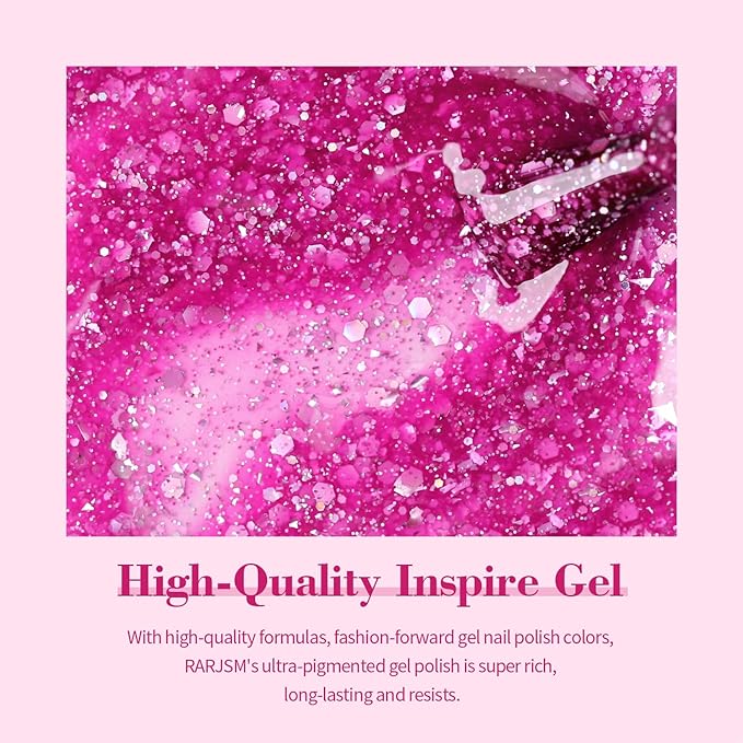RARJSM Gel Nail Polish Glitter Sparkly Rose Red Chunky Shimmer Iridescent Gelpolish 15ml Holographic Rainbow Effect Soak off L e d U V Curing Required High Pigments for Home Manicure Nail Art