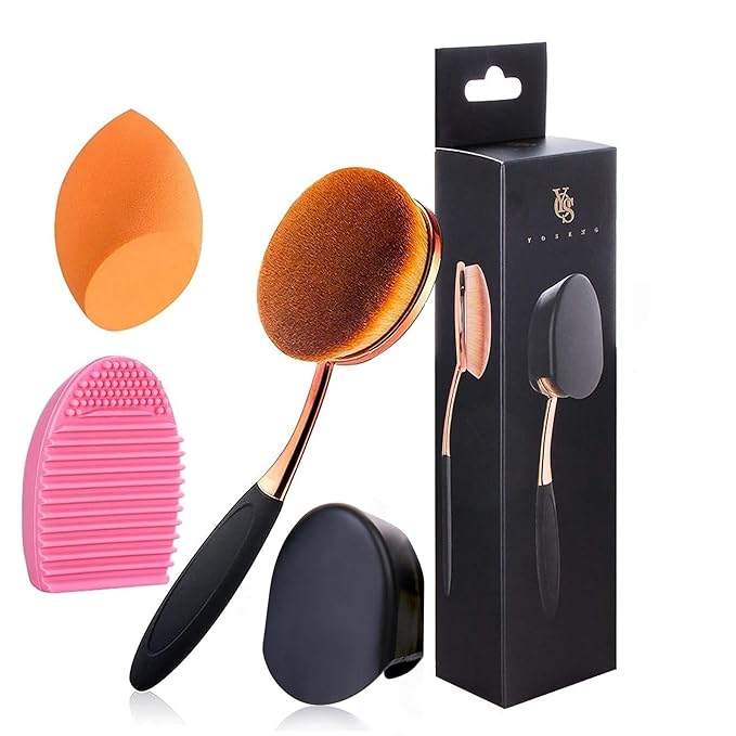 Large Rose Gold Foundation contour Round Toothbrush Dust Free Oval Makeup Brushes with Blending Sponge dustproof cover brush egg cleaner …