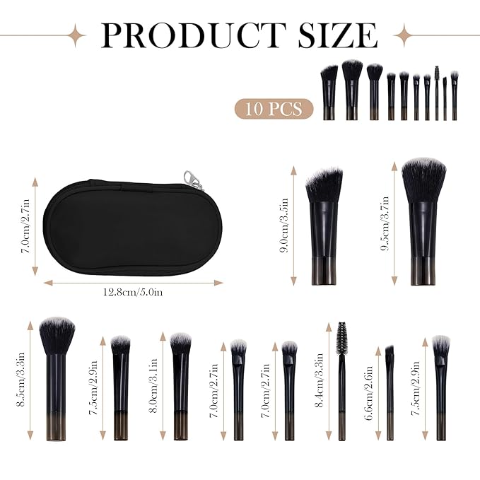 10 Pcs Mini Portable Makeup Brush Set Complete Travel Cosmetic Brushes Kit with Pouch for Blush Powder Eyeshadow Perfect for Women and Girls(black)