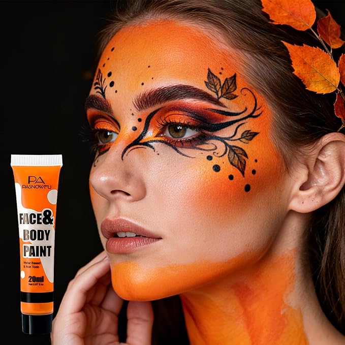 Orange Face Body Paint - Professional Water-Based Non-Toxic Body Painting for Pumpkin Tiger Halloween SFX Cosplay, Full Coverage Washable Cream for Costume Party Theater Stage Performance