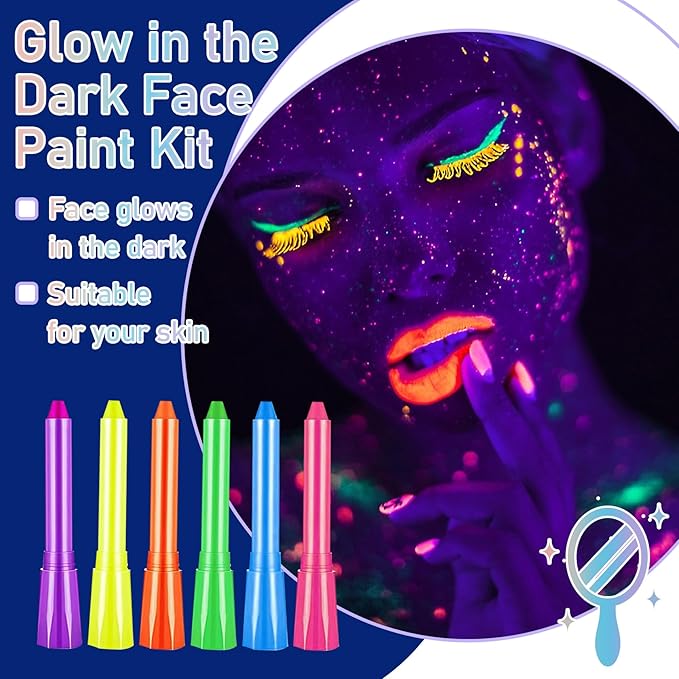 Glow in The Dark Body Paint Crayons Kit, Luminous Neon Paint Sticks, Fluorescent Face & Body Black Light Paint Markers for Halloween, Mardi Gras Parties, Masquerades, Makeup