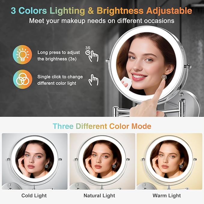 30X LED Lighted Makeup Mirror: 8.5in Wall Mounted Magnifying Mirror with Light - Chrome