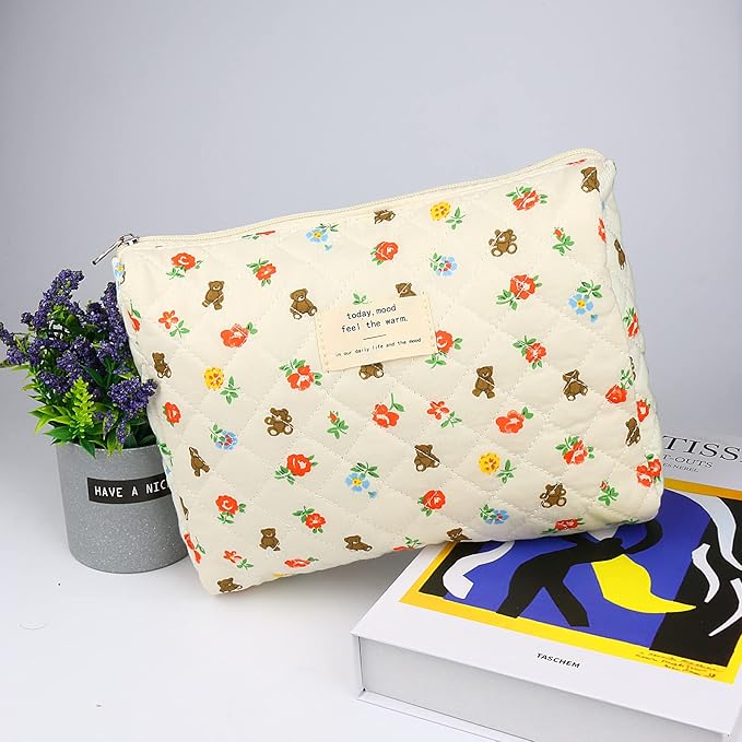 VIWIME Makeup Cosmetic Bag, Large Cotton Quilted Travel Coquette Aesthetic Cute Floral Make up Bag for Women Toiletry Bag Organizer(Bear/2Pcs)