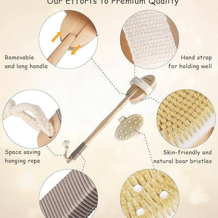 Dry Brushing Body Brush, POPCHOSE Body Scrubber for Men Women, Back Scrubber for Shower, Natural Bristle Exfoliator Scrubber for Body Cellulite and Lymphatic, Long Handle, Detachable, Dual Brush Heads