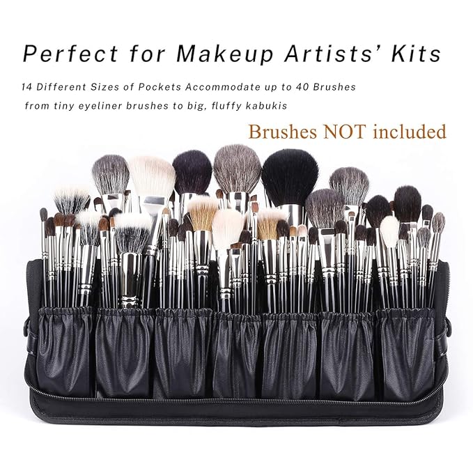 Rownyeon Professional Makeup Brushes Organizer Bag Makeup Artist Cosmetic Case Leather Handbag Black Travel Portable(Only Bag)