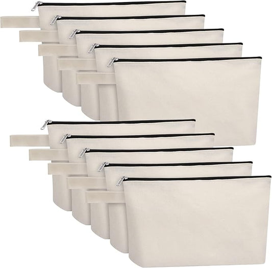 10 Pieces Cotton Canvas Makeup Bag with Bottom, Multi-Purpose Cosmetic Bag with Zipper Travel Toiletry Pouch, Blank DIY Craft Bag Pencil Bag (M, White), MN-WB07