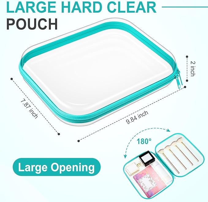 Sanwuta 6 Pcs Clear Hard Zipper Case Pencil Pouches Hard Plastic Zipper Pouches Makeup Bag Transparent Cases for Snacks Plastic Storage Organizer Box for Travel(Teal,9.84 x 7.87 x 2 Inch)