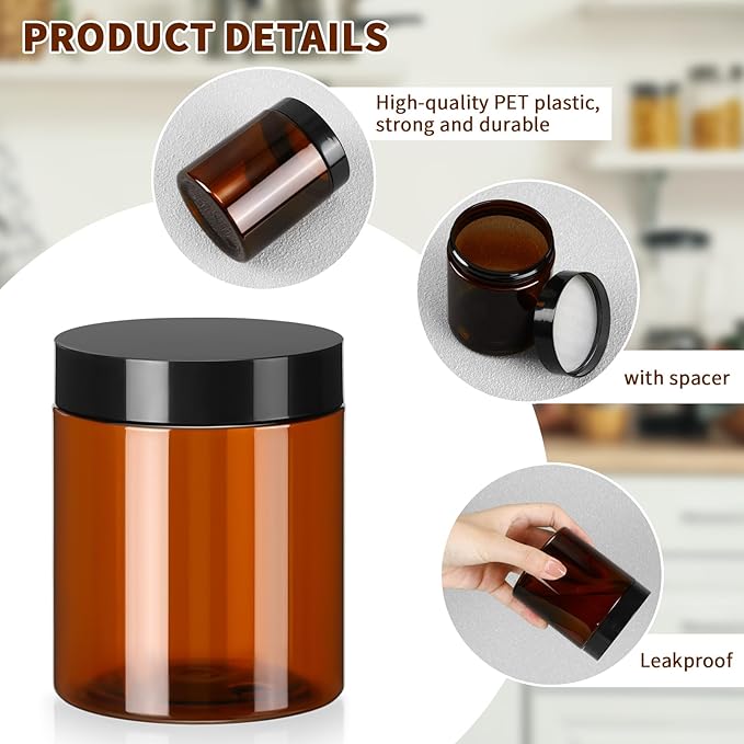 Tanlade 40 Pcs 8 oz Plastic Jars with Lids Round Cosmetic Containers Refillable Containers for Powder Liquid Food Storage Kitchen Cosmetic Lotion Ointments Creams Essential Oil(Amber)