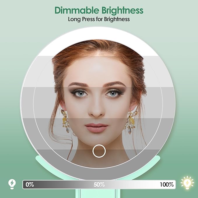 MIYADIVA Magnifying Mirror with Light, Double Sided 30X/1X Lighted Travel Makeup Mirror with Magnification, 3 Color Lighting, Dimmable Touch Screen, Adjustable & Foldable Hand Mirror (Green)