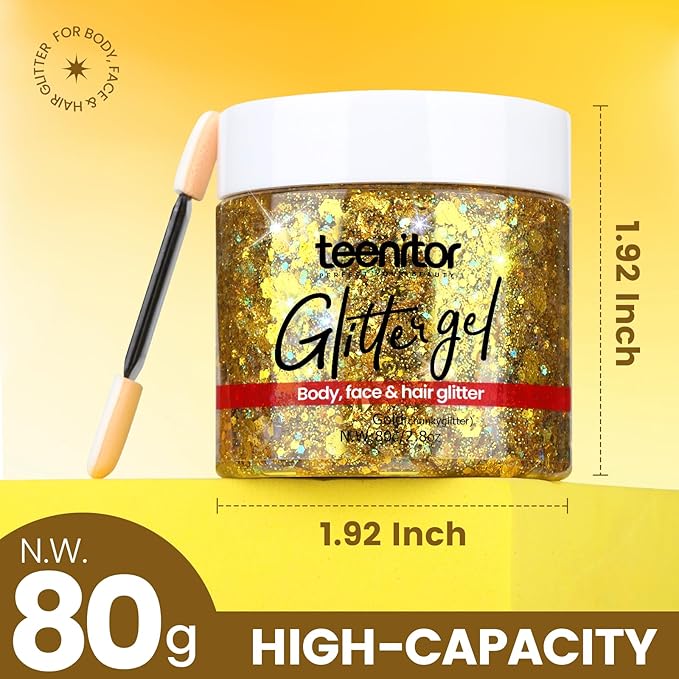 Teenitor Body Glitter, Gold Face Glitter Gel Hair Glitter for Kids, 80g/2.8oz Gold Glitter for Face, Makeup, Hair, Eye, Face Glitter for Women