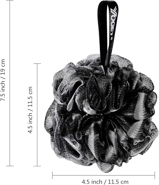 Yoget Bath Loofah Sponge, 4 Pack Black 60G Shower Mesh Ball Soft Pouf Body Scrubber, Exfoliate, Cleanse, Soothe Skin, Black Loofah with White Trim