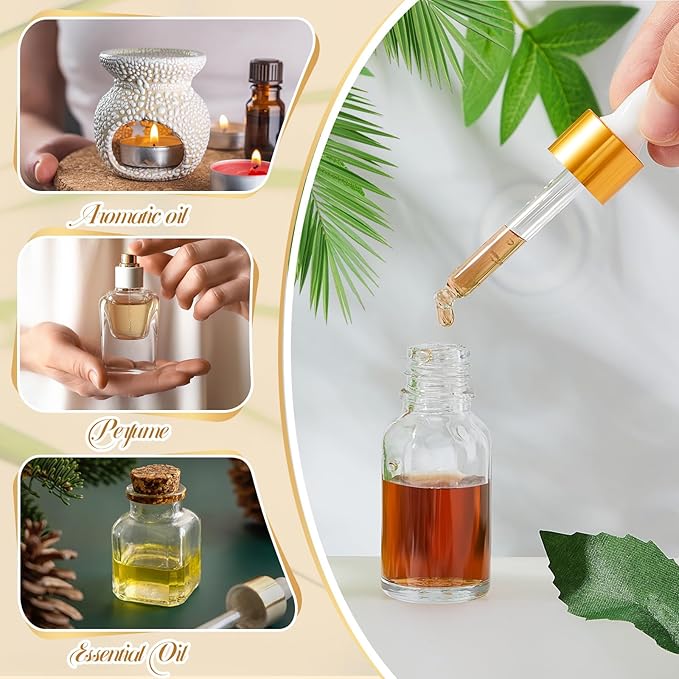 100 Pcs Mini Glass Oil Dropper Bottle Bulk, Clear Essential Small Empty Bottles Sample Containers Perfume Liquid Vials with Cap for Traveling (15 ml,Gold)