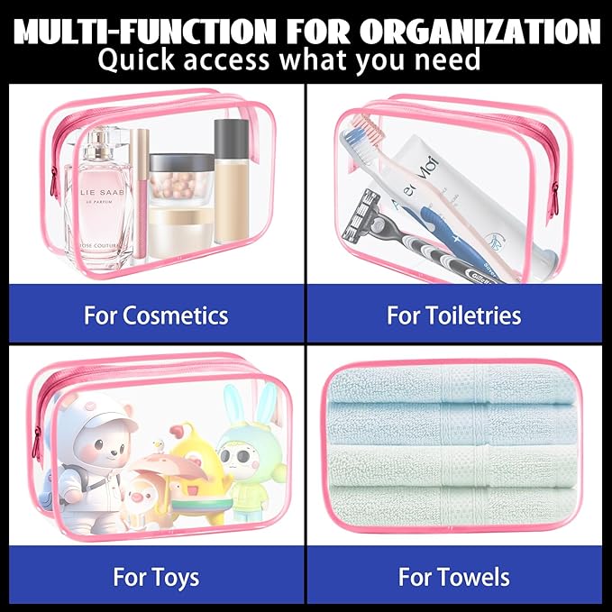 16-Piece Makeup Bags, Waterproof Toiletry Bag Carry Pouch Portable Cosmetic Bag PVCTravel Clear Pouches Carry-on Travel Essentials Transparent Storage Organizer Bag (Rose Pink-M)