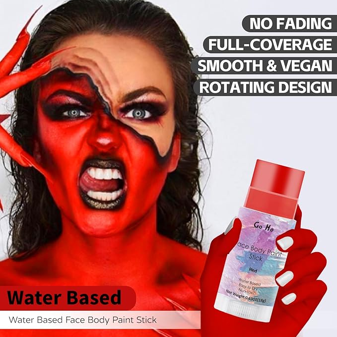 Go Ho Water Based Red Face Body Paint Stick,Non-Toxic Face Painting,Easy-to-use Facepaint for Halloween SFX Zombie Skeleton Devil Clown Cosplay Costume Makeup,0.63oz