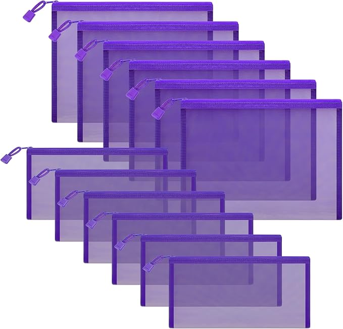 12 Pieces Zipper Nylon Mesh Pouch, Mesh Cosmetic Bags Makeup Bags Pencil Case, Multipurpose Travel Bags for Cosmetic School Office Supplies and Travel Accessories (Purple, A5+B6)