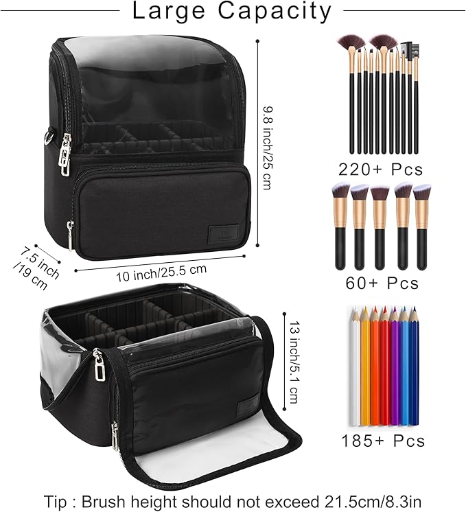 Makeup Brush Case, Extra Large Stand-up Makeup Cup Travel Makeup Brush Bag Foldable Professional Cosmetic Bags Artist Storage Case with Adjustable Divide&Strap (01A-Black（X Large）)