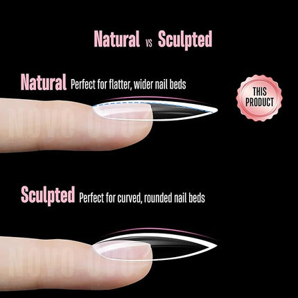 NOVO OVO Long Oval Nail Tips NATURAL (Not SCULPTED) for Flat Nail Beds, Extra Thick L Length False Nails Press on, Full Cover Soft Gel Fake Nail Extension, Salon DIY x 15 Sizes 450 pcs