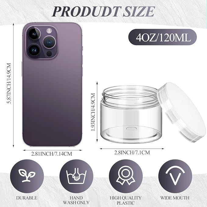 SATINIOR 24 Pieces Empty Clear Plastic Jars with Lids Round Storage Containers Wide-Mouth for Beauty Product Cosmetic Cream Lotion Liquid Butter Craft and Food (Transparent Lid, 4 oz)