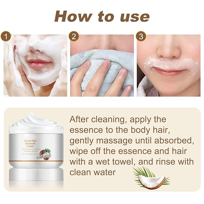 Facial Depilatory Cream, Coconut Hair Remover for Upper Lip and Chin for Face Hair Remover for Body Sensitive Skin Gentle and Non-Irritating,Body Hair Removal Cream for Women(2PCS)