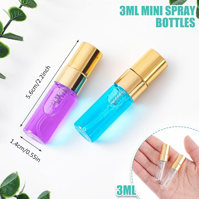 Zhehao 50 Pcs Mini Spray Bottles 3 ml Clear Glass Perfume Bottles Refillable Fine Mist Perfume Atomizer Portable Empty Sample Containers for Cleaning, Essential Oils, Travel (Gold Cap)