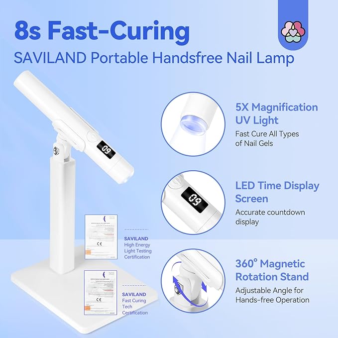 SAVILAND White 9W LED Nail Light for Gel Nails: Handheld LCD Display Screen Flash Cure Lamps with Stand for Gel Nail 8s Quick Drying Cordless Handsfree U V Light for Nails Home Manicure Nail Dryer