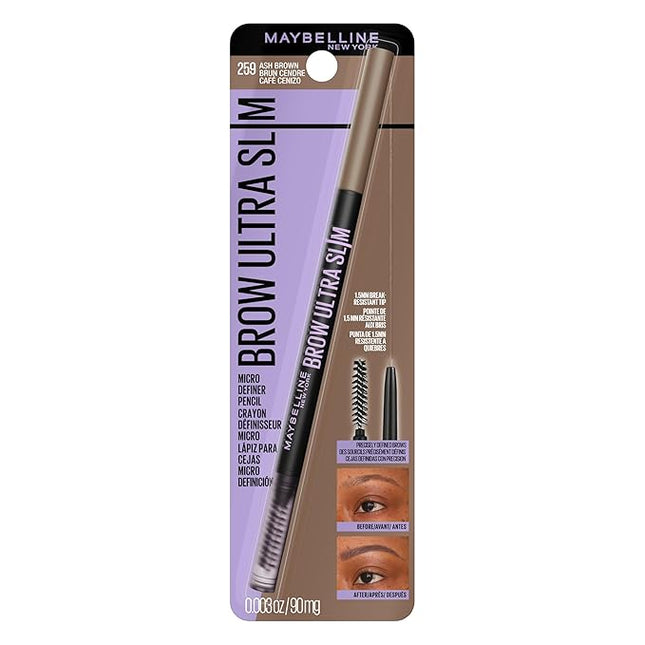 Maybelline Express Brow Ultra Slim Eyebrow Makeup, Brow Pencil with Precision Tip and Spoolie for Defined Eyebrows, Ash Brown (Packaging May Vary)