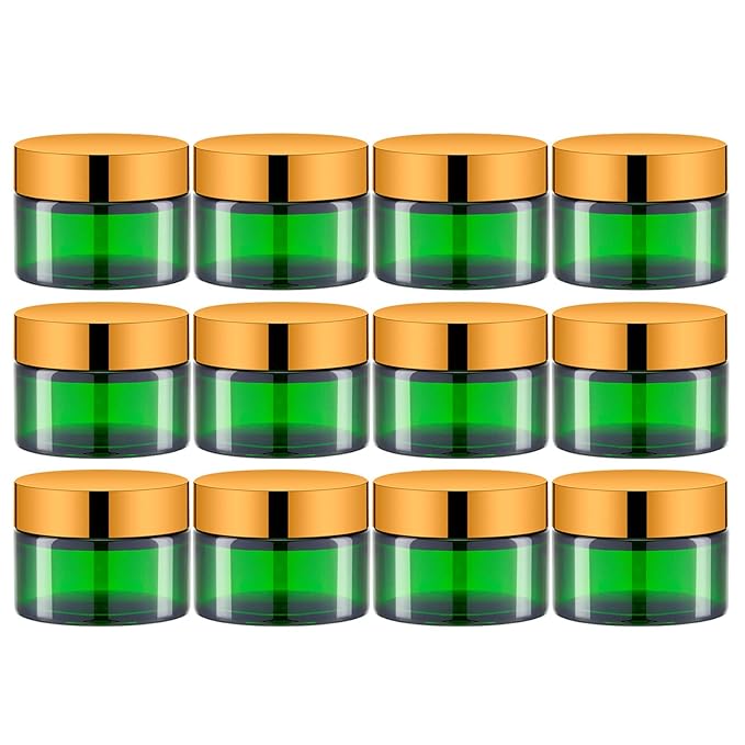1 Oz Green Round Glass Jars with Inner Liners and Gold Lids(12PCS) Empty Cream Containers Refillable Cosmetic Vials for Cosmetics, Lotions, Ointment, Body Scrubs & Balms