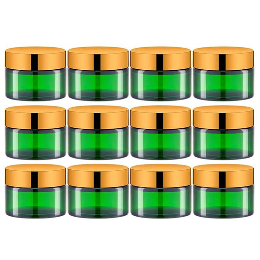 1 Oz Green Round Glass Jars with Inner Liners and Gold Lids(12PCS) Empty Cream Containers Refillable Cosmetic Vials for Cosmetics, Lotions, Ointment, Body Scrubs & Balms