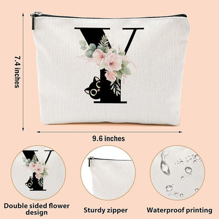 Floral Cat Initial Makeup Bag, Personalized Skin Care Bag, Travel Organizer Toiletry Bags for Women Mom Friends, Cosmetic Bags Makeup Pouch with Zipper, Letter Y