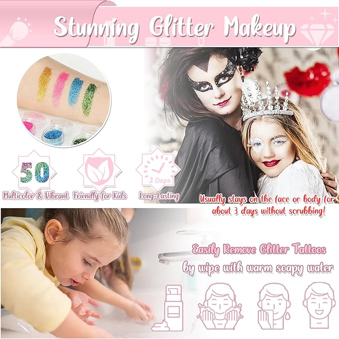 TEUVO Kids Glitter Tattoo Kit with 50 Colors, 177 Stencils, 25 Mixed Pattern Stickers(Colored/Luminous), 2 Gem Stickers, Body Face Glitter Makeup Temporary Tattoos for Halloween Christmas Birthday