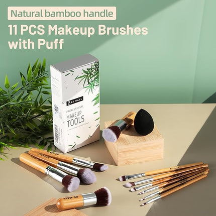 BS-MALL Makeup Brush Set 11Pcs Bamboo Synthetic Kabuki Brush Set Foundation Powder Blending Concealer Eye shadows Blush Cosmetics Brushes with Travel Organizer Bag & Makeup Sponge (Bamboo 11)