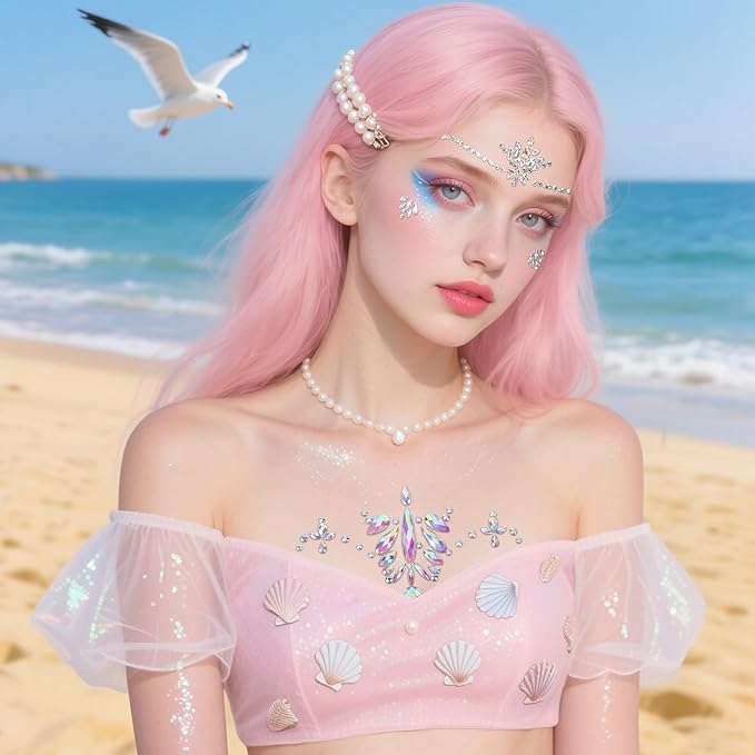 Wehhbtye 6 Pcs Mermaid Glitter Face and Chest Gems, Rhinestone Chest Jewels Face Sticker with Body Glitter, Festival Rave Body Crystal Tattoo for Halloween Costume Themd Party Makeup