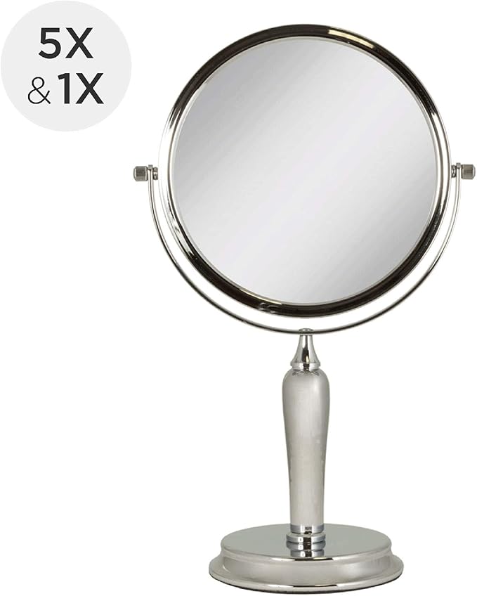 Zadro Anaheim 8.75” Round Non-Lighted Makeup Mirror 5X 1X Magnifying Makeup Mirrors Rotating Head Makeup Mirror for Desk