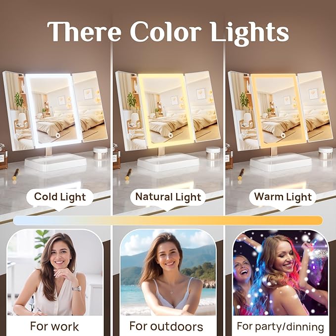 3- Folding Makeup Mirror, 76 LED Beads, 3 Adjustable Color Modes,Long Press The Touch Button to Adjust The brightness1%-100%, 1x / 2X / 3X Magnification，Rechargeable (Ivory White)
