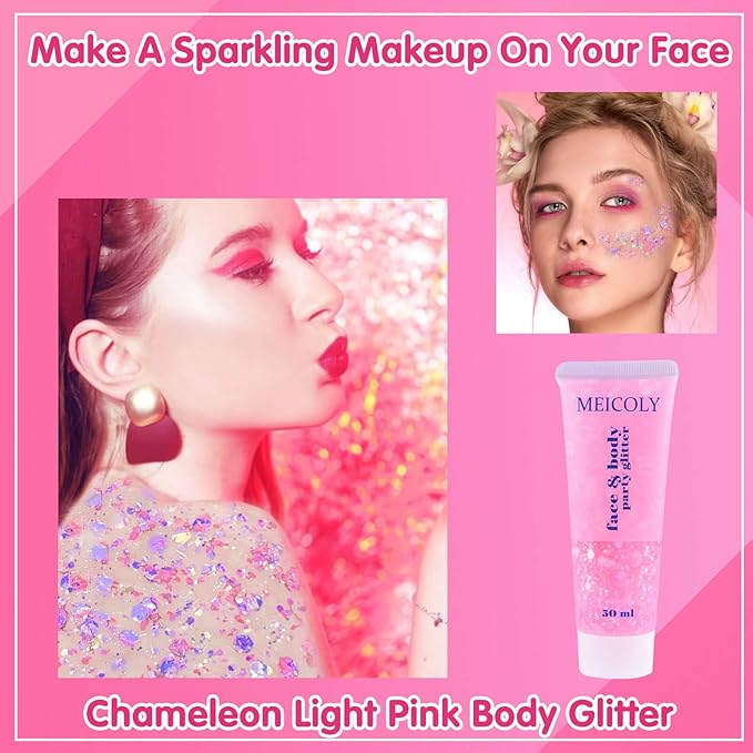 MEICOLY Chameleon Light Pink Body Glitter,Chunky Face Glitter for Halloween,Color Changing Mermaid Face Glitter Gel,Holographic Glitter Sequin for Face Body Hair,Festival Party Cheer Glitter Makeup