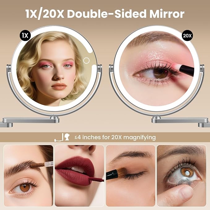 Wall Mounted Lighted Makeup Mirror - 8" Rechargeable Double Sided 20X/1X Magnifying Vanity Mirror with 3 Color Lights, Touch Dimmable, 360° Swivel & Extendable Arm for Women