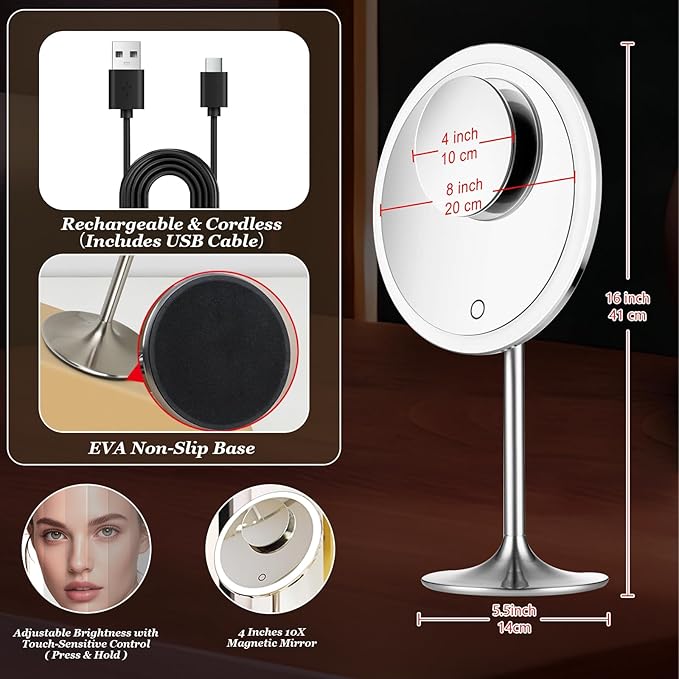 Miusco Makeup Mirror 9" Vanity Mirror with Lights, 5X & 10X Magnification - Front/Back Magnetic Design, Rechargeable & Cordless, Touch Dimming, 90° Adjustable Angle, Metal Frame, Includes USB Cable