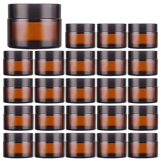 1 Oz Amber Round Glass Jars with Inner Liners and Black Lids(24PCS) Empty Cream Containers Refillable Cosmetic Vials for Cosmetics, Lotions, Ointment, Body Scrubs & Balms