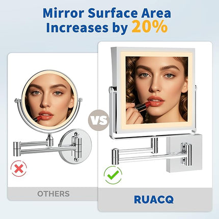 Ruacq Rechargeable Wall Mounted Makeup Mirror with Lights, Double Sided 1X/10X Magnifying Vanity Mirror with 3 Color Lighting, Touch Screen Dimmable, 360° Rotation Extension Foldable Arm(Chrome)