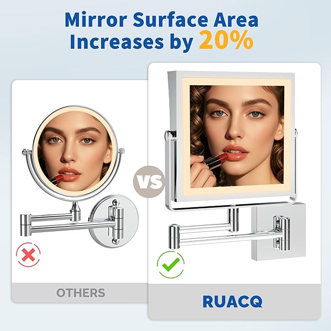 Ruacq Rechargeable Wall Mounted Makeup Mirror with Lights, Double Sided 1X/10X Magnifying Vanity Mirror with 3 Color Lighting, Touch Screen Dimmable, 360° Rotation Extension Foldable Arm(Chrome)